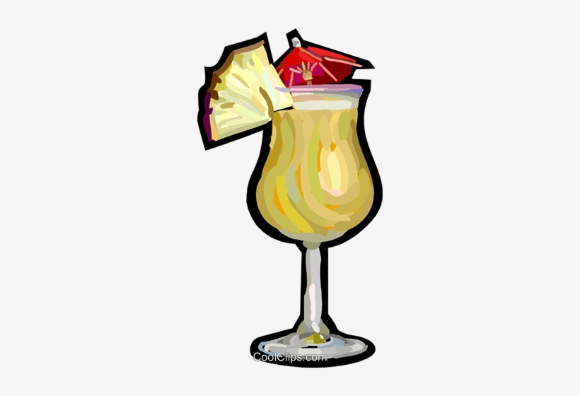 Tropical cocktail in a hurricane glass garnished with pineapple slice and red umbrella.