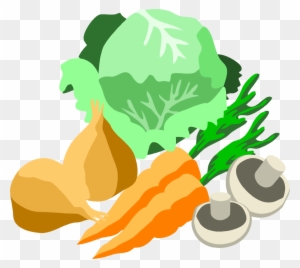 Fresh vegetables including cabbage, carrots, onions, green beans, and mushrooms arranged in a colorful cluster.