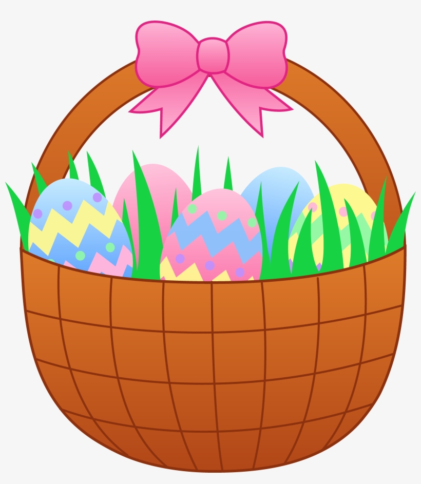 Woven Easter basket with colorful patterned eggs, green grass, and a pink bow on top.