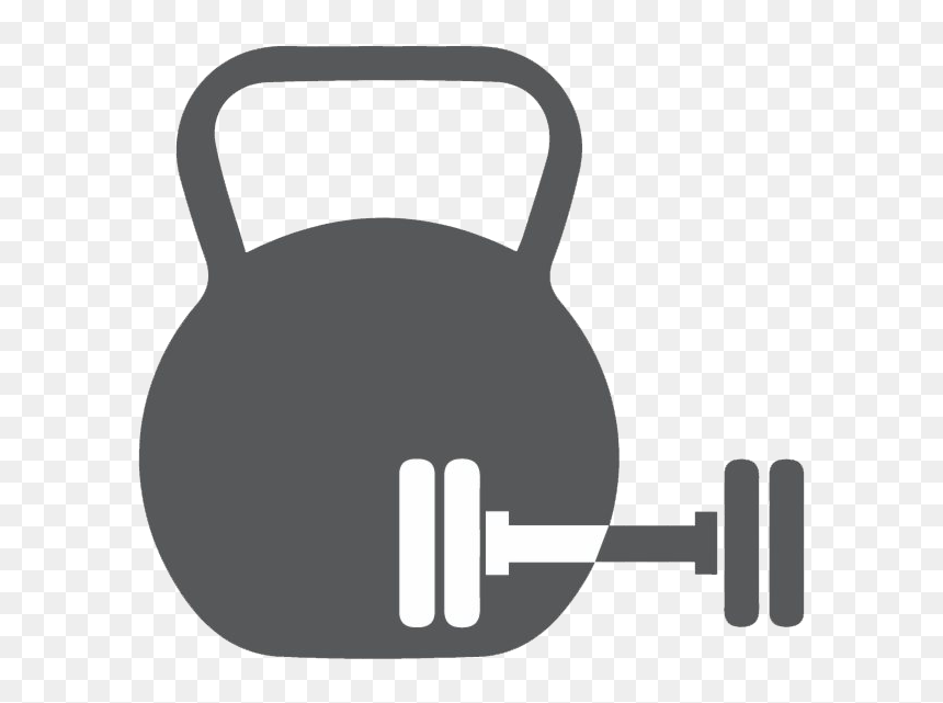 Gray kettlebell icon with dumbbell overlay on transparent background, symbolizing strength training equipment.