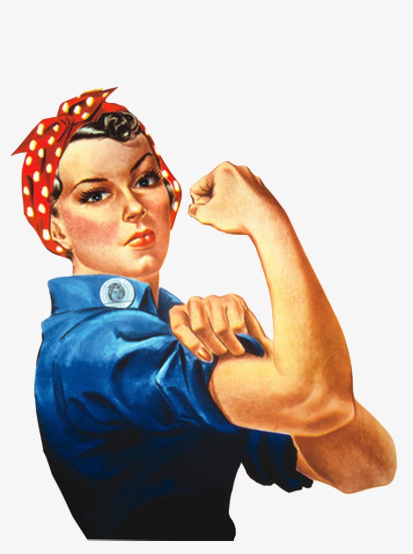 Iconic "Rosie the Riveter" WWII poster showing a determined woman in blue workwear flexing her bicep with red polka-dot headscarf.