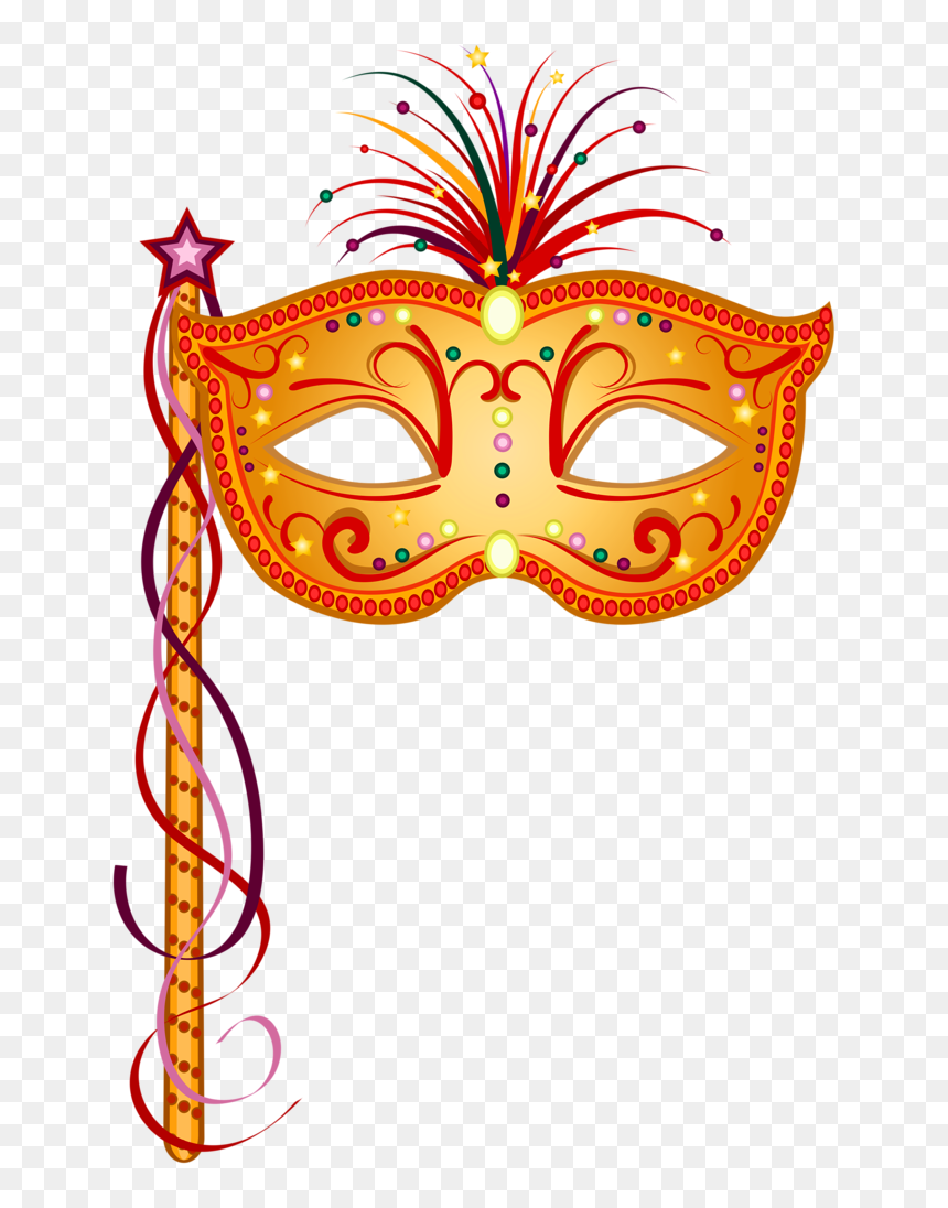 Golden Venetian carnival mask with colorful feathers, ribbons, and star-topped stick on transparent background.