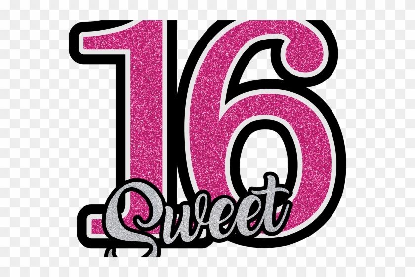 Glittery pink "16 Sweet" graphic with black outline and silver script, celebrating a sweet sixteen birthday.