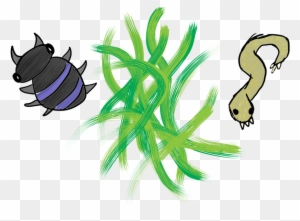 Illustration of a black beetle with purple stripes, green filamentous algae, and a yellow worm-like organism on transparent background.