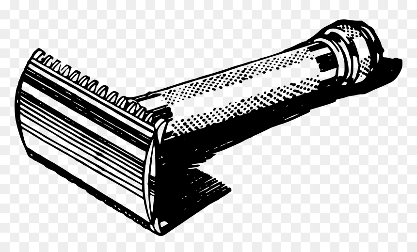 Black-and-white line illustration of a classic double-edge safety razor with textured handle and exposed blade guard.