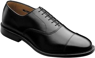 Black leather Oxford dress shoe with cap toe and laces, polished finish on white background.