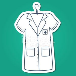 White lab coat with medical cross patch hanging on a hanger, outlined illustration on teal background.