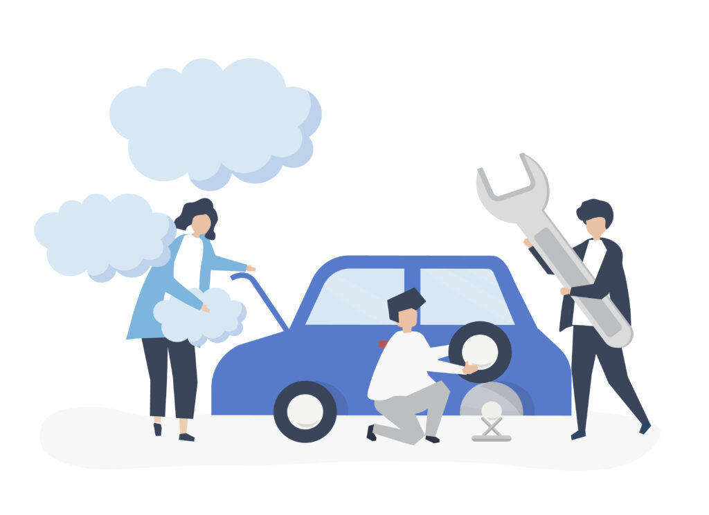 A woman opens a smoking car hood while a mechanic changes a tire and another holds a giant wrench.