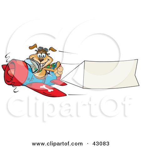 Cartoon dog pilot flying a red biplane with goggles, giving a thumbs-up while towing a blank banner.