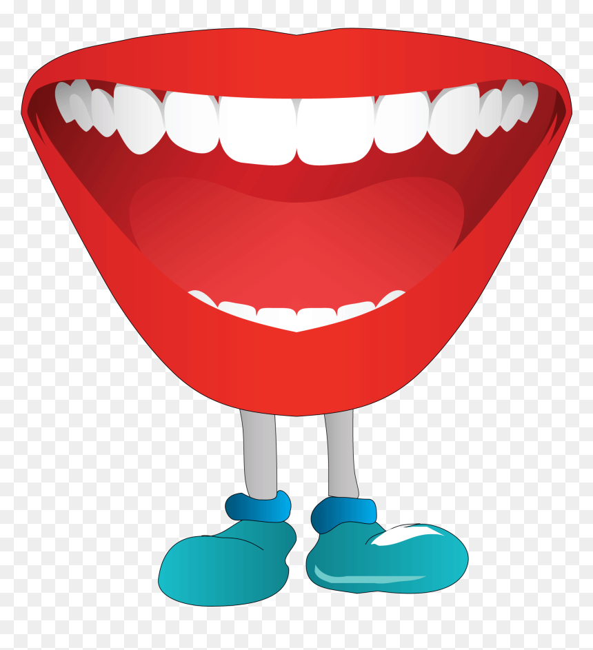 Cartoon smiling mouth with legs and blue shoes, cheerful and animated character design.