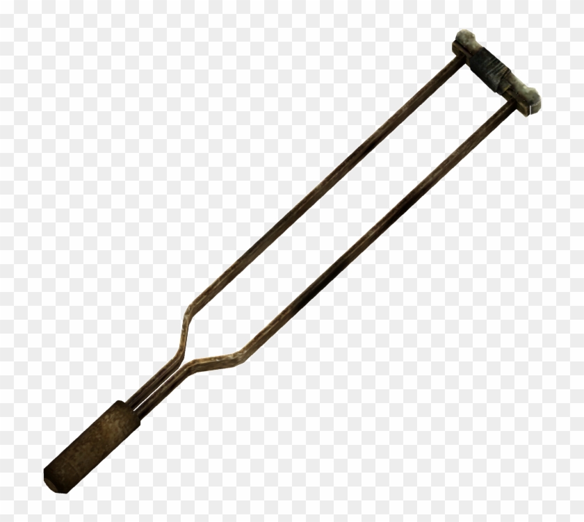 Vintage metal tuning fork with wooden handle and worn grip, isolated on transparent background.