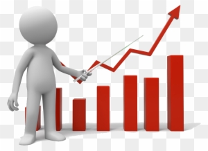 3D figure pointing to a rising red bar chart with an upward arrow, symbolizing business growth or positive analytics.