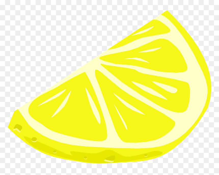 Bright yellow lemon wedge with visible segments and juice droplets on transparent background.