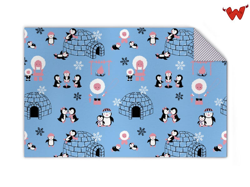 Cute cartoon penguins, igloos, and Arctic characters on a light blue fabric pattern with snowflakes and pink accents.