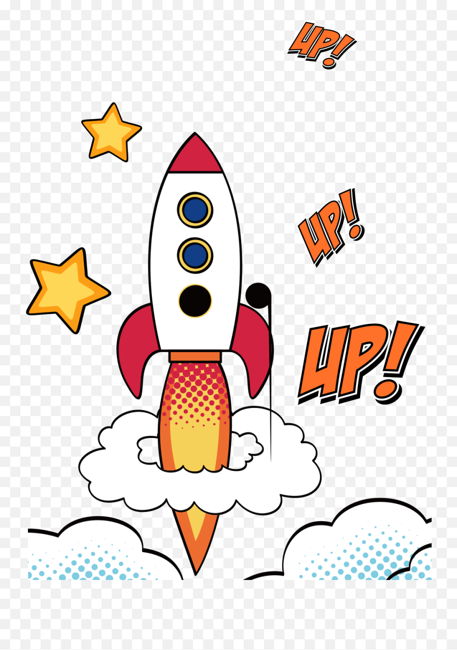 Cartoon rocket launching upward with stars, clouds, and "UP!" text in comic style.