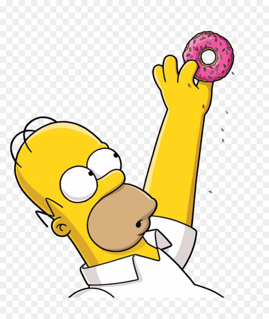 Homer Simpson reaching up with wide eyes to grab a pink-frosted donut with sprinkles.