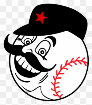 Cartoon baseball with mustache, wide grin, and red-starred cap on transparent background.