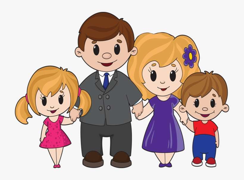 Happy cartoon family of five holding hands: father, mother, two daughters, and a son.