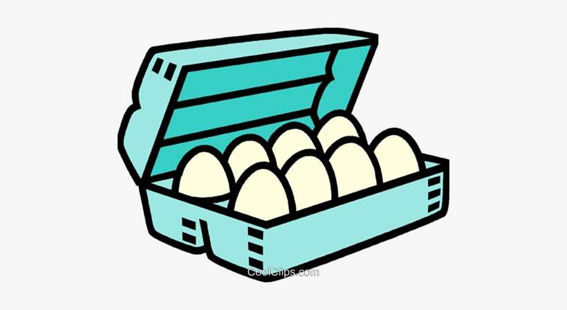 Open teal egg carton holding ten white eggs, cartoon-style illustration.