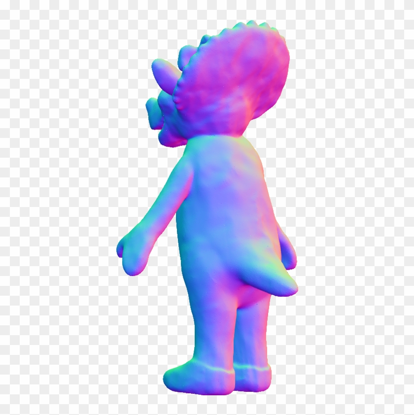A vibrant, iridescent 3D-rendered dinosaur-like figure with smooth texture and rainbow gradient coloring, viewed from the side.
