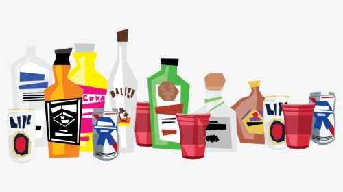 Collection of assorted alcoholic beverage bottles, cans, and red plastic cups arranged in a row.