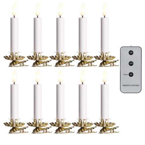Ten LED flameless taper candles with gold clip bases and remote control for festive lighting.