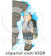 A cartoon hiker with backpack and hat reaches up to climb a rocky cliff face, surrounded by blue mist.