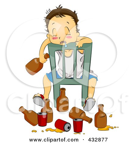 A cartoon boy slumped in a chair, holding a bottle, surrounded by empty bottles and cans, appearing drunk or exhausted.