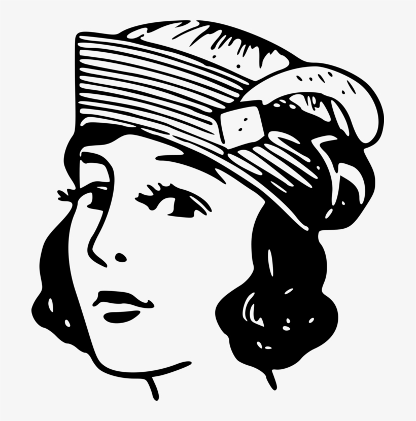 Vintage black-and-white illustration of a woman in 1920s-30s style cloche hat with curled hair and elegant profile.