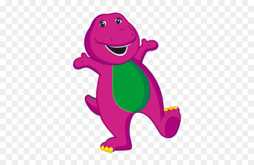 Purple dinosaur Barney smiling with arms raised, wearing green belly patch and yellow toes.