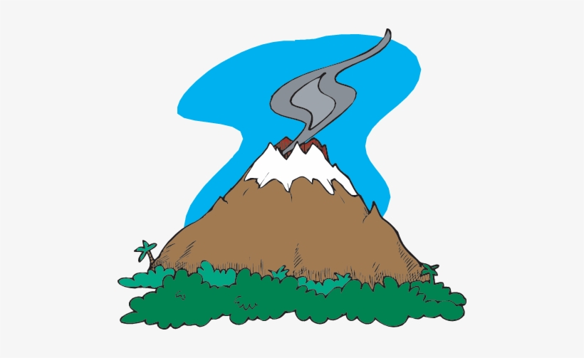 Cartoon volcano erupting with smoke plume, snow-capped peak, green jungle base, and blue sky backdrop.