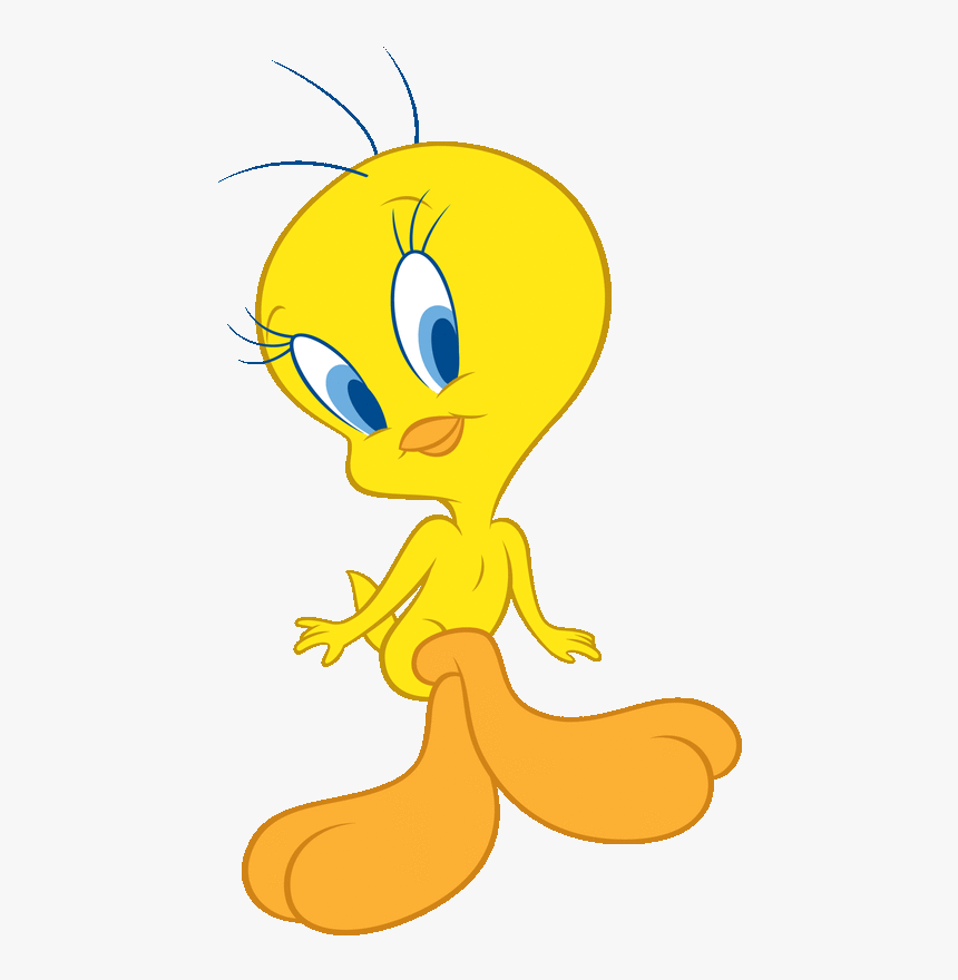 Tweety Bird, the iconic yellow cartoon canary with large blue eyes and orange feet, sitting playfully.