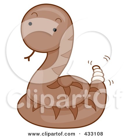Cute cartoon rattlesnake coiled with a friendly expression and shaking rattle.