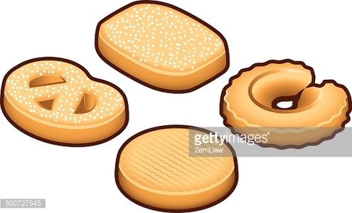 Four assorted cookies: pretzel-shaped, rectangular with sprinkles, round with ridges, and ring-shaped with glaze.