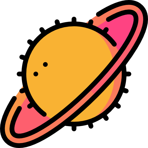 A stylized cartoon planet with orange body, pink-orange rings, and black spikes on a black background.