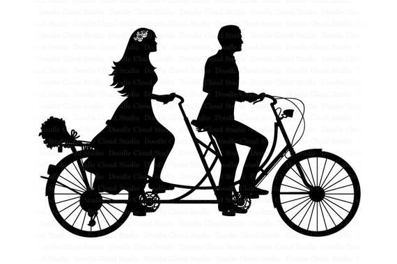 Tandem Bicycle Wedding Silhouette - Romantic Couple Illustration