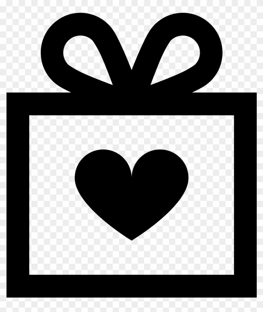 Black silhouette of a gift box with a bow and heart inside, on transparent background.