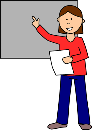 Cartoon teacher in red shirt and blue pants pointing at a blank whiteboard while holding paper.