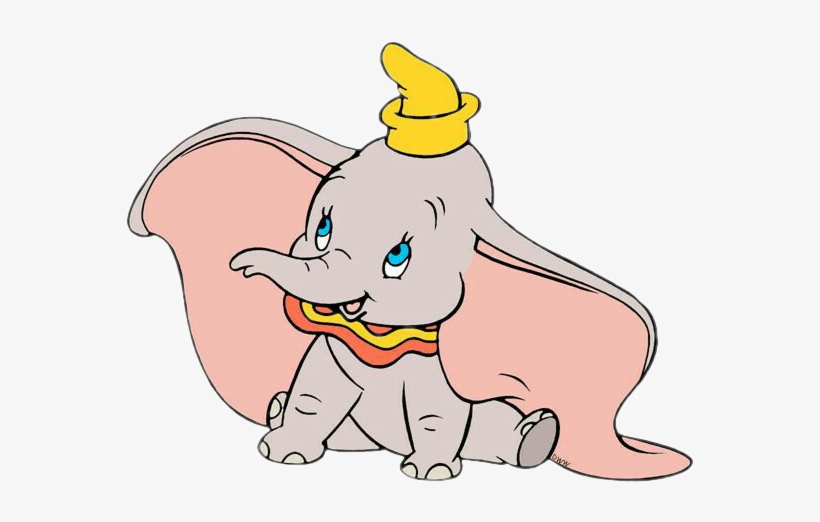 Dumbo the flying elephant wearing a yellow hat and red collar, sitting with large pink ears spread wide.