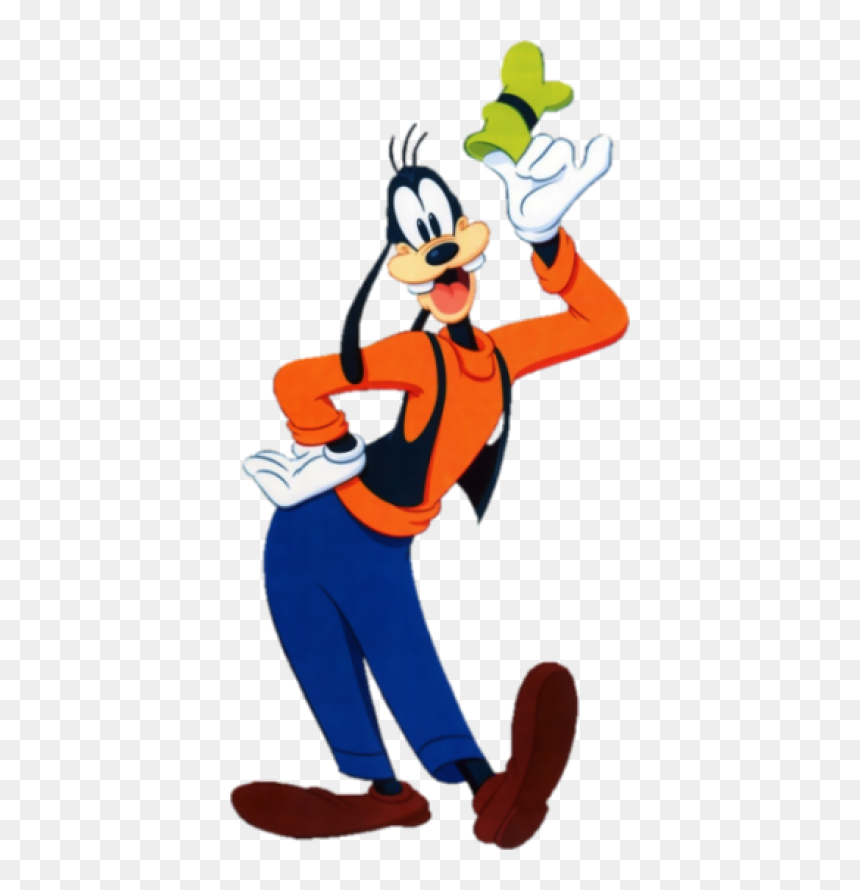 Goofy waving cheerfully with his green hat in hand, wearing orange shirt, blue pants, and brown shoes.
