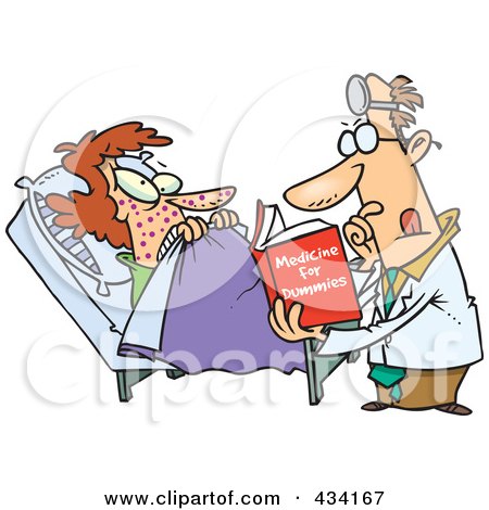 A cartoon doctor holding "Medicine for Dummies" while consulting a sick patient in bed with spots and glasses.