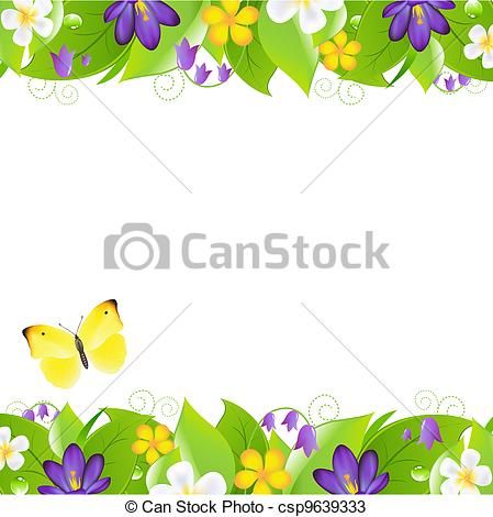 Spring floral border with purple, yellow, and white flowers, green leaves, and a yellow butterfly on white background.