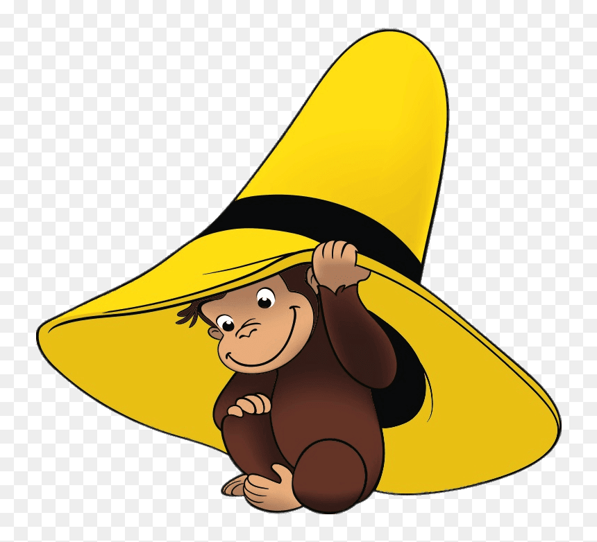 Curious George peeking out from under a large yellow hat with black band, smiling playfully.