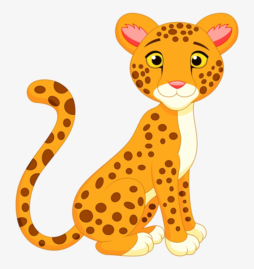 Cute cartoon cheetah cub sitting with spotted orange fur, large yellow eyes, and pink inner ears.