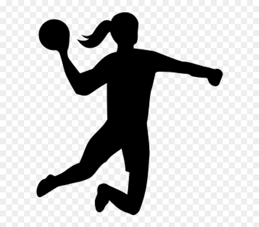 Silhouette of a female handball player in mid-air, shooting with right hand, ponytail flowing, dynamic pose.