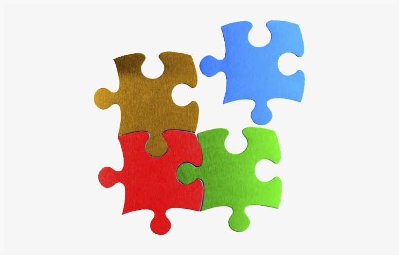 Four colorful puzzle pieces-gold, red, green, and blue-arranged in a loose cluster on a white background, symbolizing connection and problem-solving.