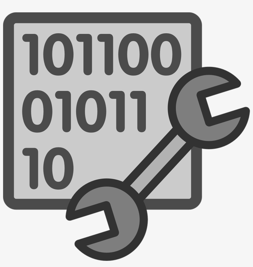 Binary code panel overlaid with two crossed wrenches, symbolizing software debugging or system maintenance.