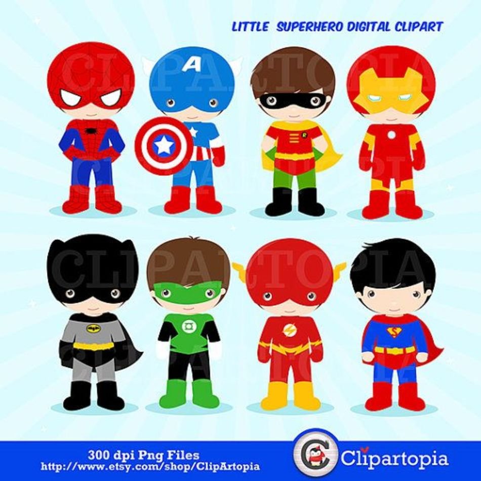 Cute chibi-style superhero clipart set featuring Spider-Man, Captain America, Robin, Iron Man, Batman, Green Lantern, Flash, and Superman.