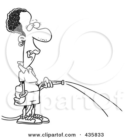 Cartoon woman with curly hair spraying water from a garden hose, smiling playfully.