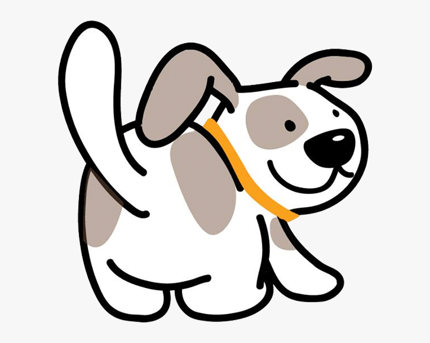 Happy cartoon dog with floppy ears, white coat, brown patches, and orange collar, tail up in joyful pose.